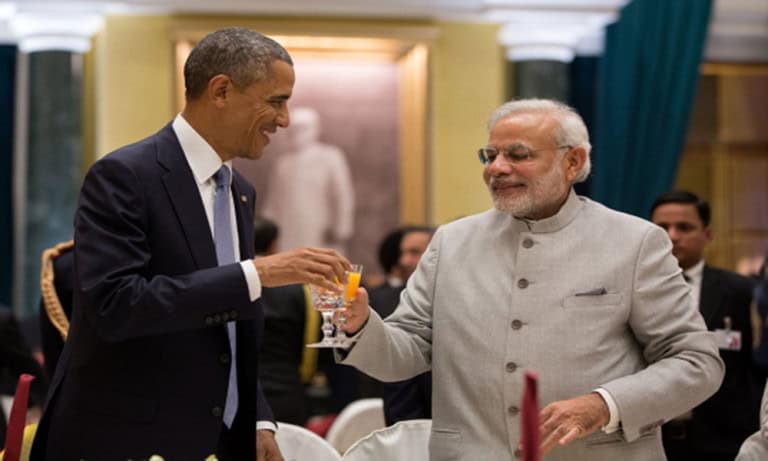 President Barack Obama Toasts Prime Minister Narendra Modi During A State Dinner In New Delhi