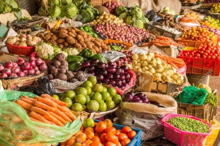 17314899 Colorful Fruits And Vegetables Colorfully Arranged At A Local Fruit And Vegetable Market In Nairobi