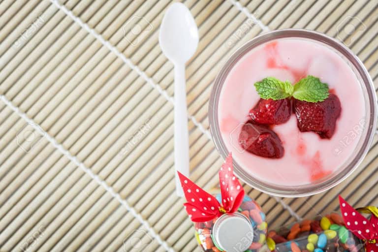 77842978 Strawberry Yogurt With Strawberry On Wooden Strawberry Yoghurt Pink Yogurt Strawberry In Strawberry